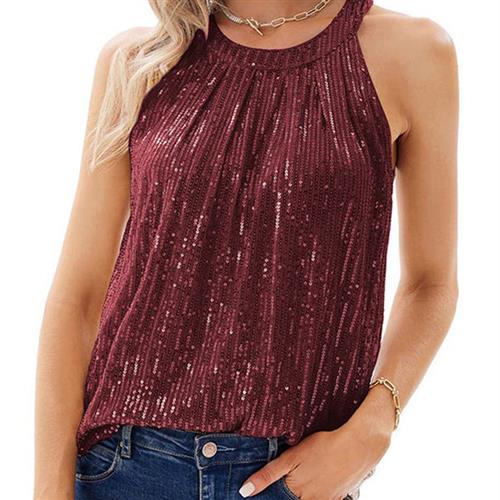 sequined elastic style solid vest color neck slightly
