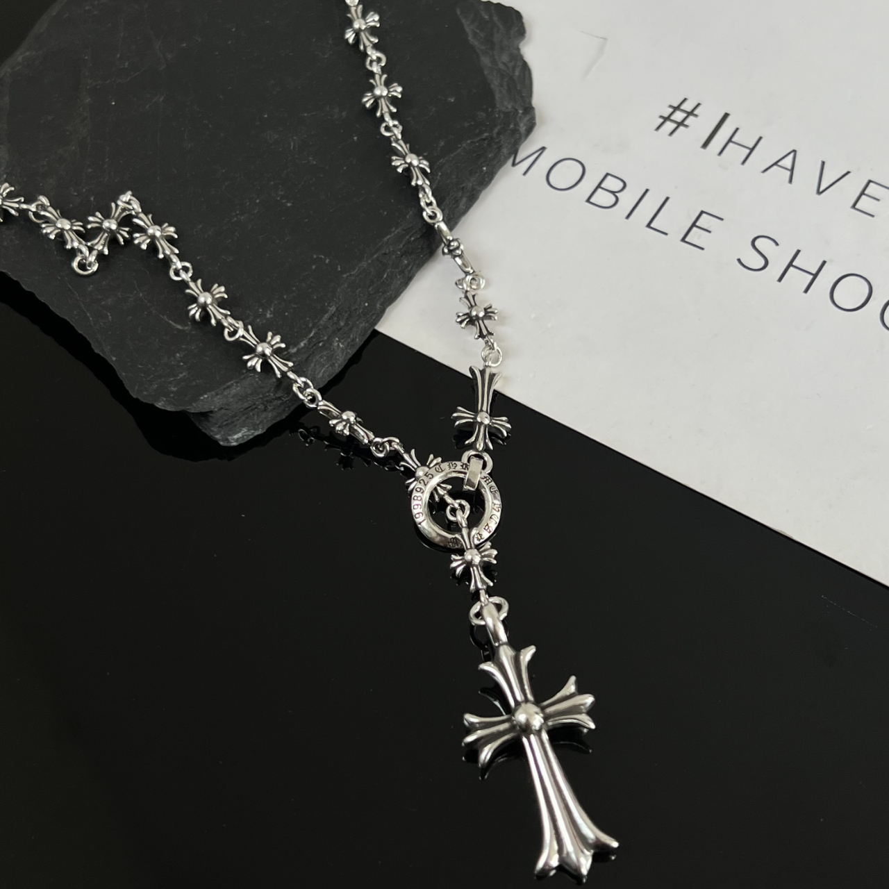 925银复古伸缩项链可调节十字架个性潮流十字花毛衣链