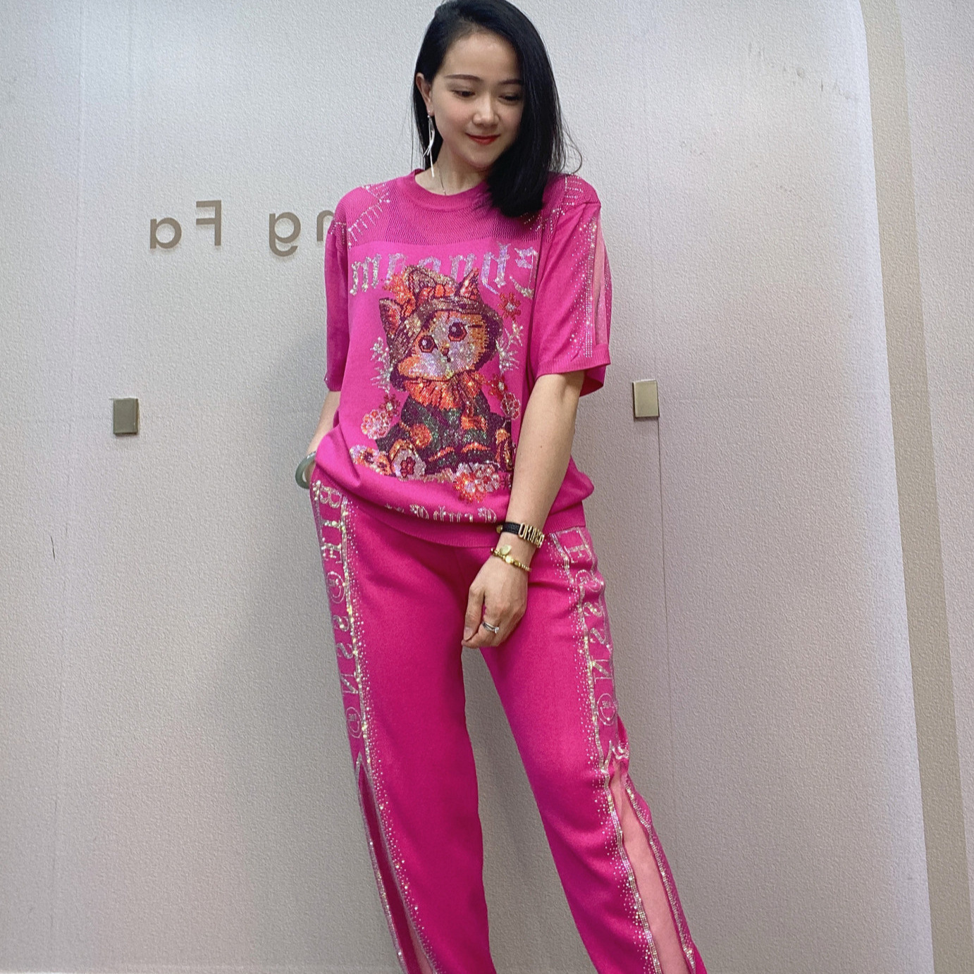 胖MM时尚休闲套装针织长裤两件套欧货烫钻衣服外贸跨境女装批发