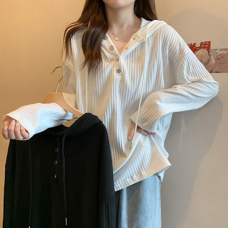 大码连帽T恤女秋季小众坑条设计感长袖打底衫百搭宽松上衣