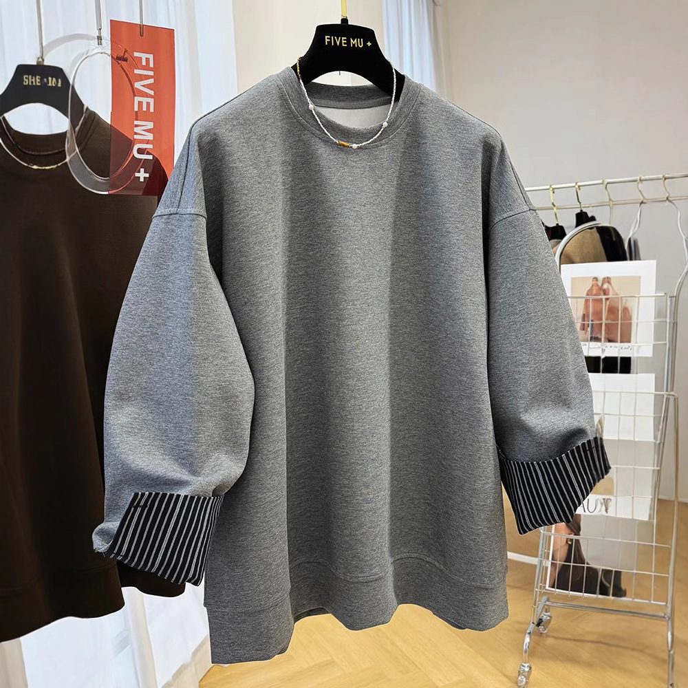 独特别致衬衫拼接假两件超好看上衣女春秋款慵懒风松弛感圆领卫衣