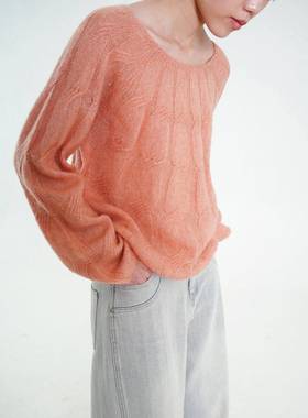 茫岛modello 桃映余晖!橘粉色温柔马海毛麻花春秋上衣针织毛衣女