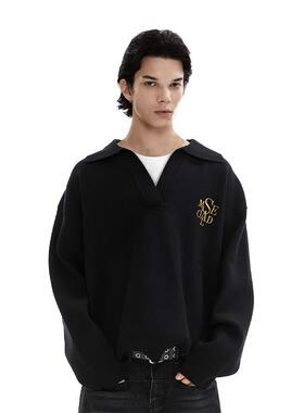 SAME OLD男女同款重磅假两件V领衫刺绣针织宽松休闲翻领毛衣套头