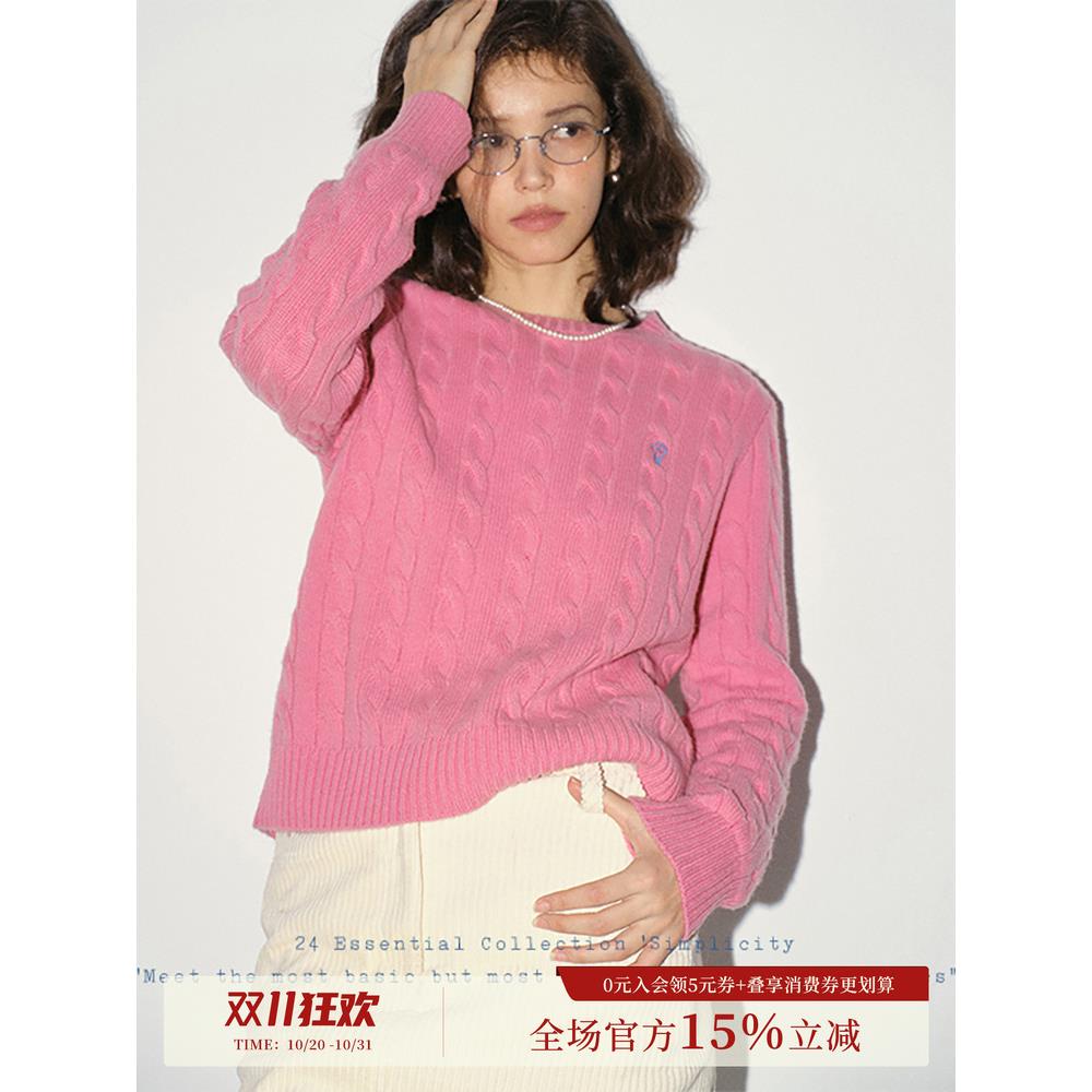 谁桃子 peach who26支澳洲美丽奴羊毛刺绣套头麻花毛衣女冬季上衣