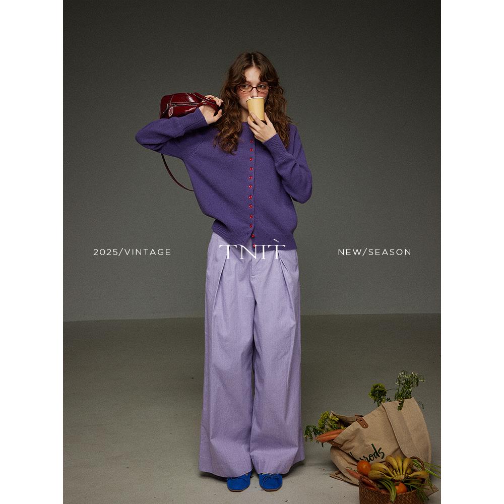 TNIT 复古紫色单排红扣针织开衫女早秋季软糯圆领设计感毛衣上衣
