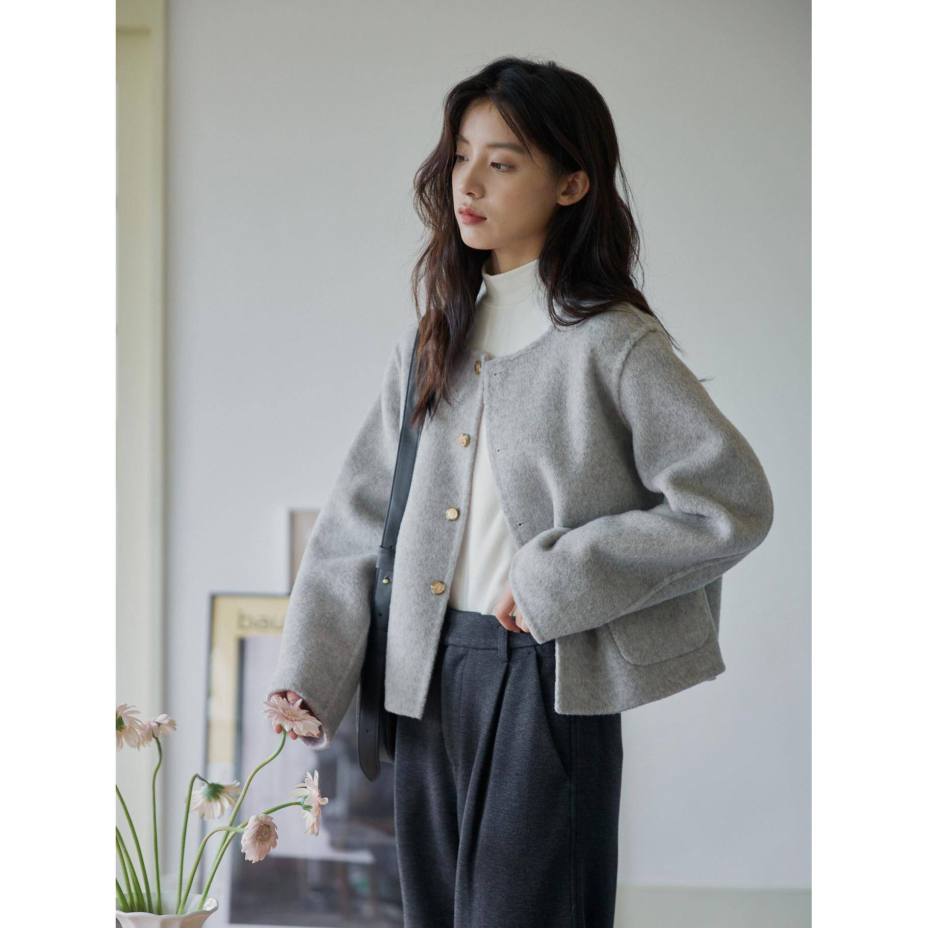 MIXABO两面穿双色双面羊毛大衣女秋冬短款小个子灰色毛呢外套手缝