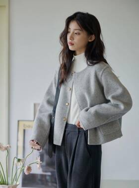 MIXABO两面穿双色双面羊毛大衣女秋冬短款小个子灰色毛呢外套手缝