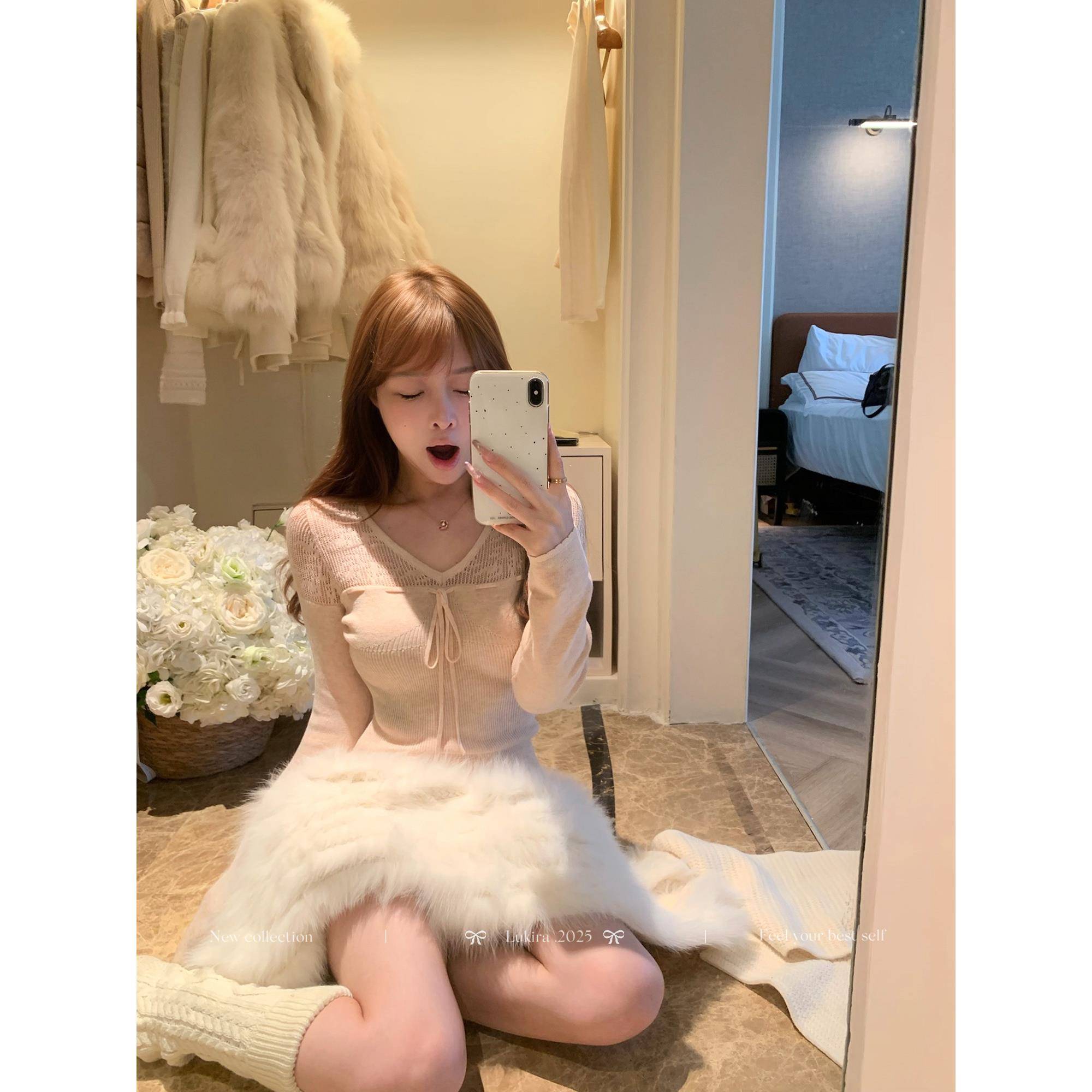 Lukira 10/8 00:00 新品95折【蕾丝泡沫】V领花纹长袖毛衣针织衫