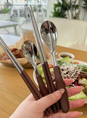 18-10不锈钢木纹手柄餐勺筷宝宝辅食勺子喝汤勺儿童吃饭勺筷套装