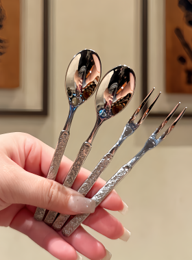 岩石纹贵族款水果叉304不锈钢家用甜品叉勺轻奢迷你小叉子蛋糕叉