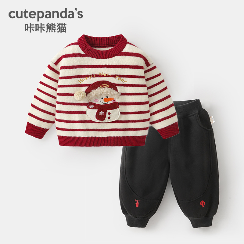咔咔熊猫儿童圆领毛衣加绒裤子圣