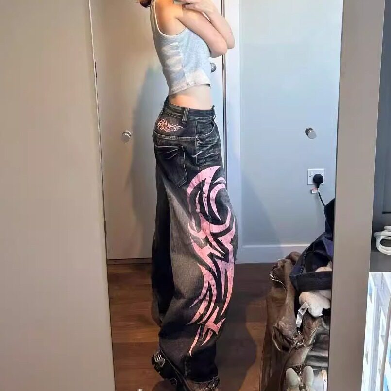 女士破洞个性印花阔腿牛仔裤
