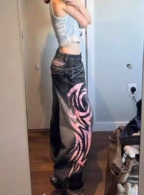Ripped personalized printed jeans 女士破洞个性印花阔腿牛仔裤