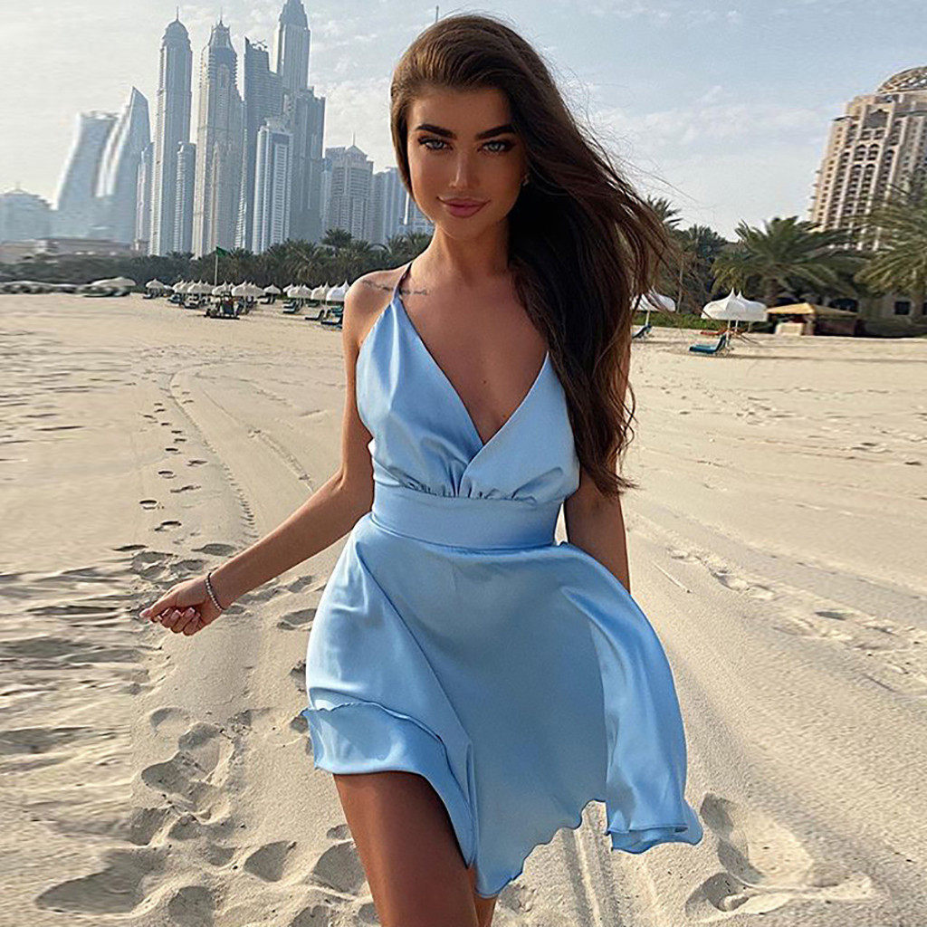 Resort Beach Bow Sexy Sling Dress海滩蝴蝶结性感吊带连衣裙女