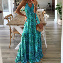 dress boho print neck maxi 休闲度假波西米亚印花V领吊带长裙