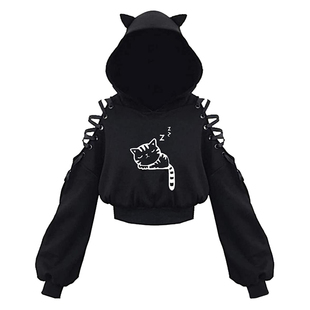 ears猫咪印花肩膀绑带带耳朵连帽衫 Cropped with hoodie 女 print