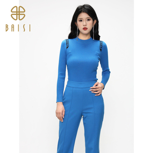 气质长袖 百丝修身 新品 2024冬季 针织上衣女 双肩印花半高领打底衫