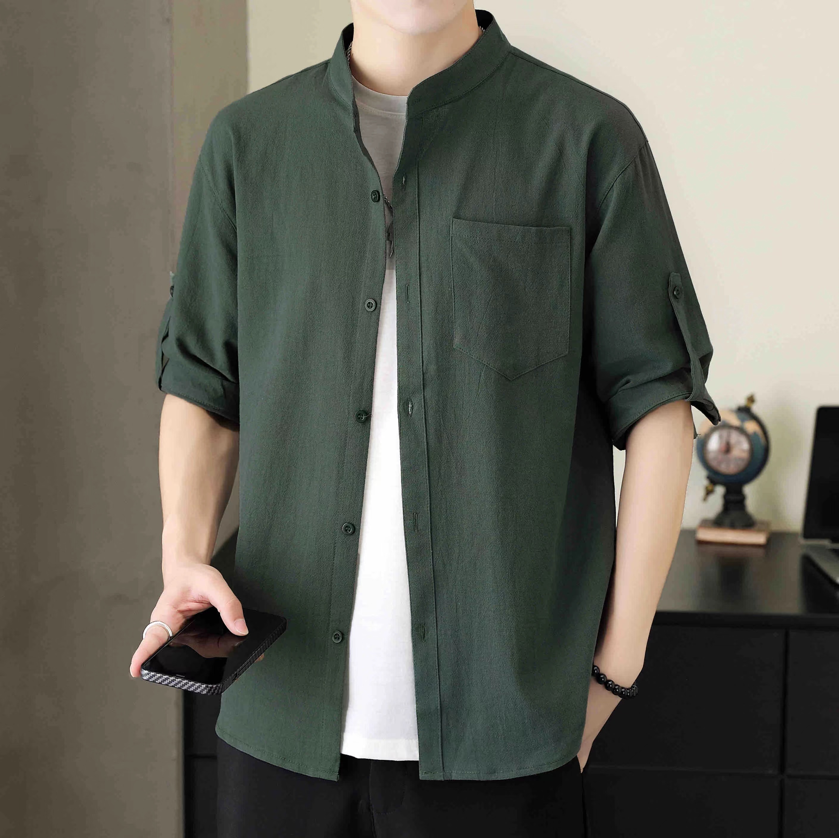 立领七分袖休闲棉麻衬衫韩版夏季