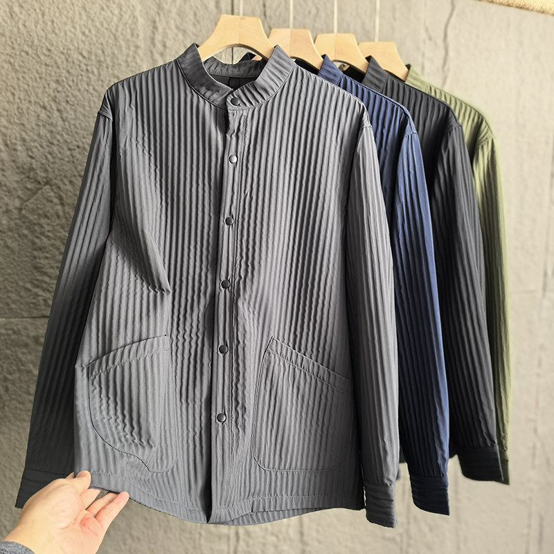 日系三宅风 立体褶皱条纹春夏男士轻薄透气休闲纯色立领衬衫外套