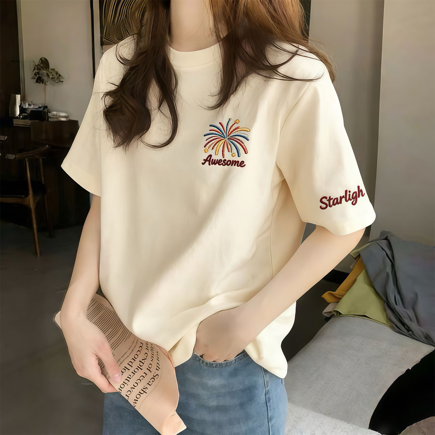 正肩杏色宽松纯棉短袖T恤女夏季图片