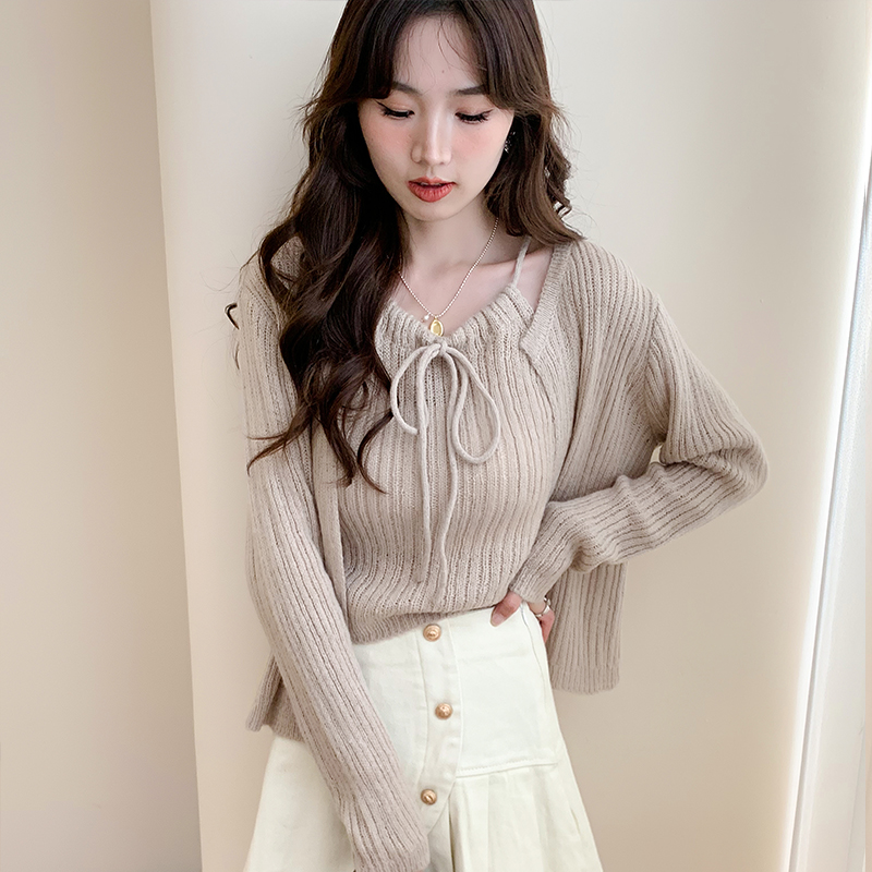 onlineeyes女坑条圆领长袖开衫系带上衣套装