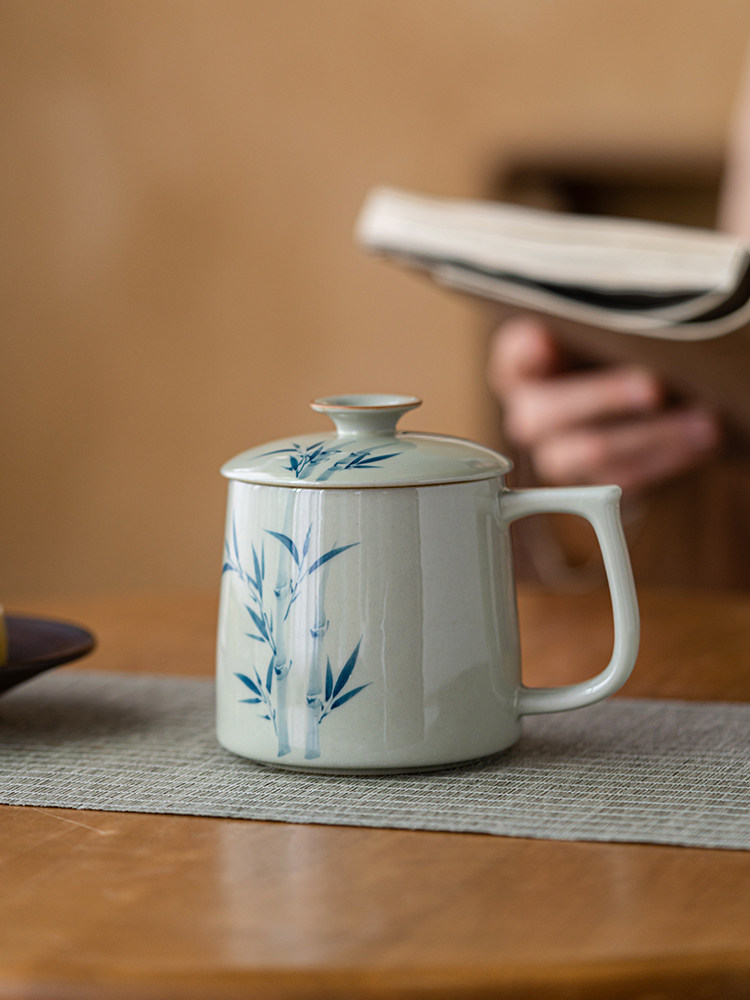釉下彩草灰手绘竹茶陶瓷办公茶具杯马克杯有盖水杯