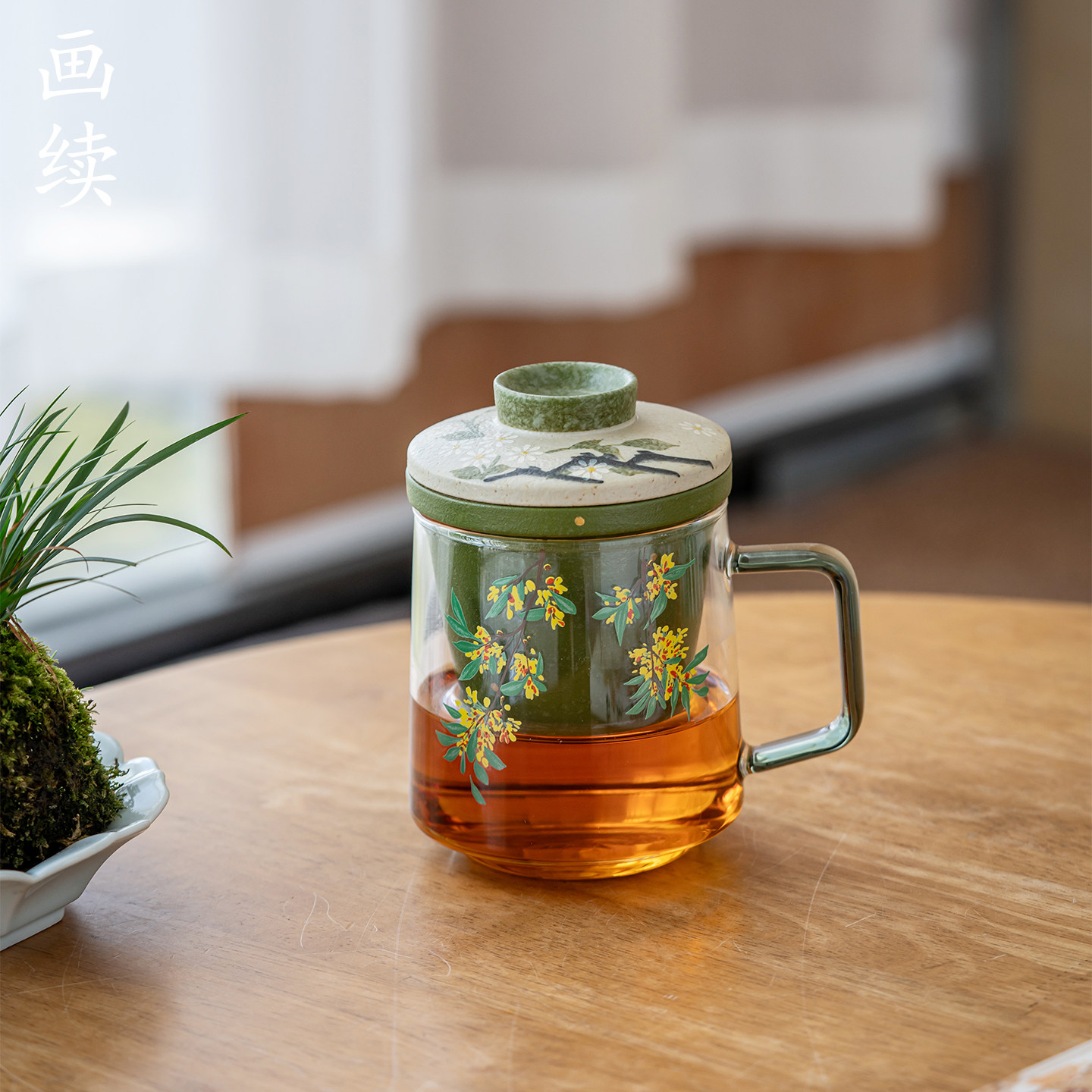 高硼硅玻璃办公杯陶瓷釉下彩过滤马克杯带盖新中式泡茶杯喝水杯