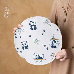 禅意防水干泡垫子茶盘垫圆形 画续香云纱熊猫茶席复古布艺新中式