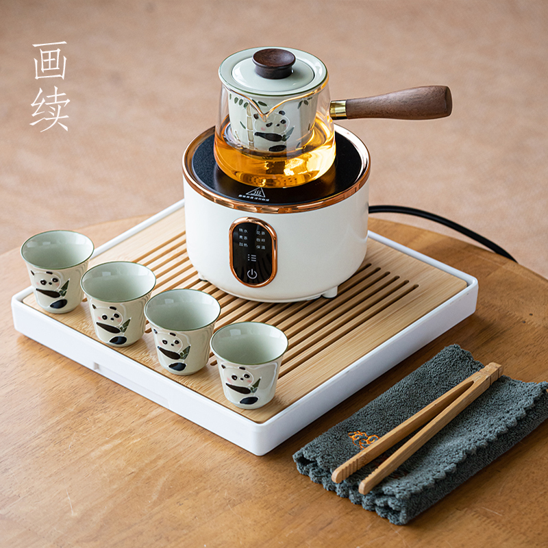 画续草木灰手绘熊猫煮茶壶茶具套装侧把壶多功能电陶炉烧水煮茶炉