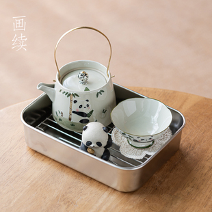 便携式 画续手绘熊猫旅行茶具套装 户外露营泡茶壶茶杯茶具收纳包