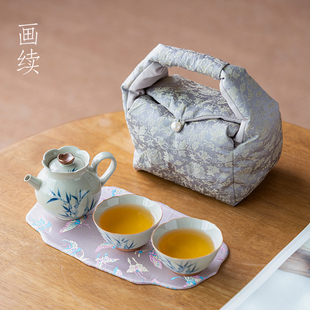 收纳包旅游 画续草木灰手绘竹子茶壶功夫旅行茶具一壶二杯便携式