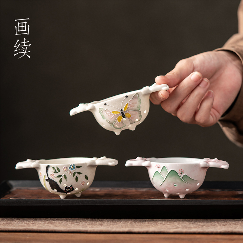画续手绘粉绿蝴蝶双耳茶漏