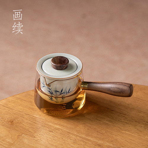 手绘竹子耐高温玻璃侧把壶