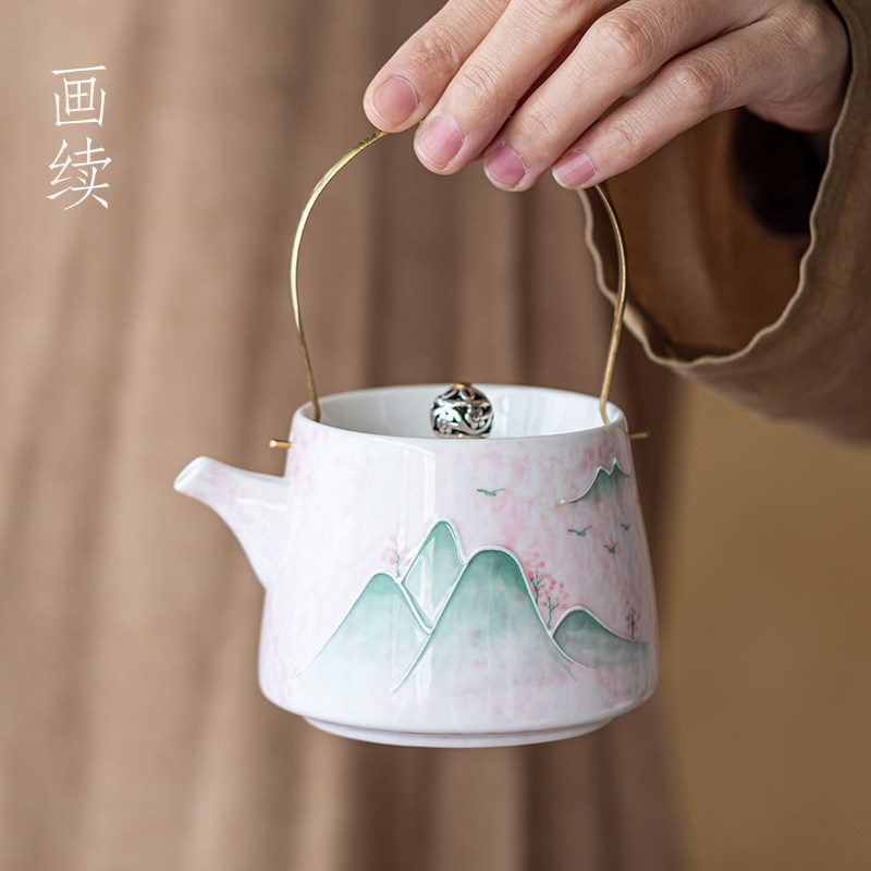 画续白瓷粉黛手绘远山茶壶泡茶家用提梁壶功夫茶具陶瓷单壶小品壶