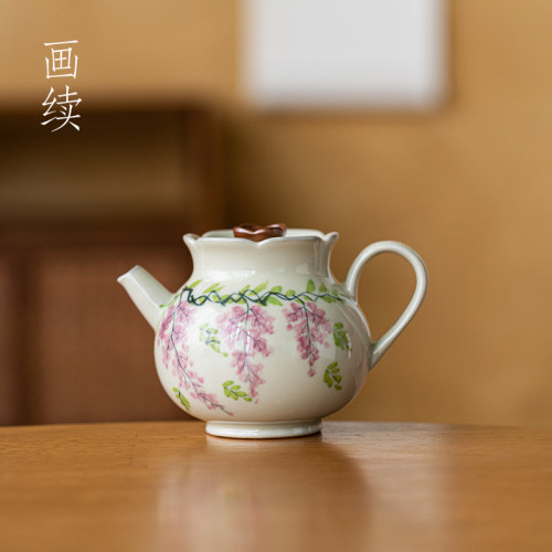 草木灰手绘紫藤花茶壶泡茶