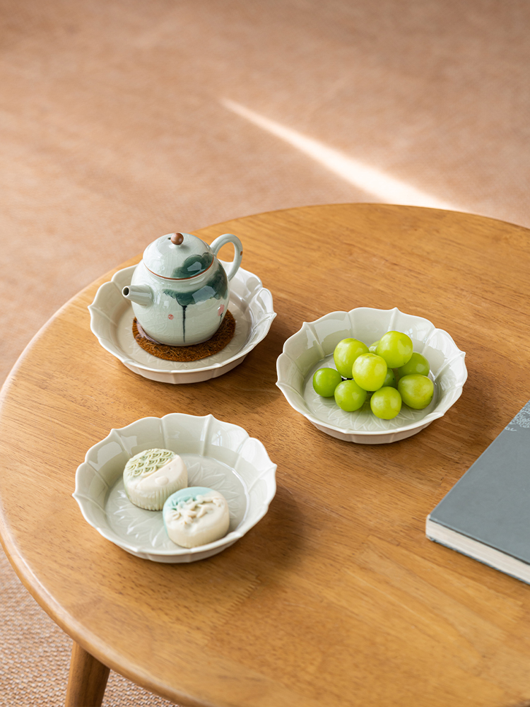 画更新草灰色压花荷花壶与干气泡表盖碗底托盘茶垫陶瓷茶盘茶座水