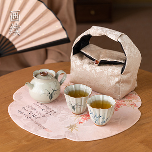 便携式 画续草木灰手绘竹子泡茶壶一壶二杯功夫旅行茶具套装 收纳包