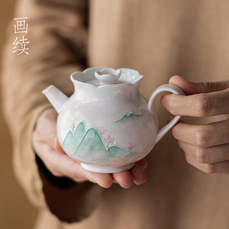 画续白瓷粉黛手绘兰花茶壶泡茶家用单壶功夫茶具中式陶瓷小品壶