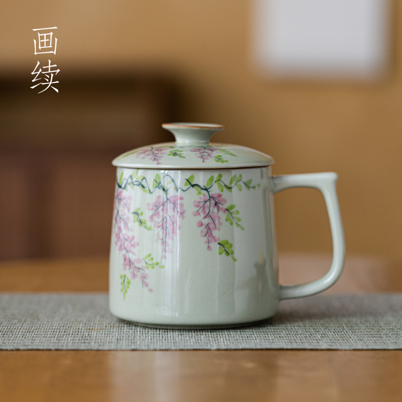 画续草木灰手绘紫藤花泡茶杯陶瓷办公室水杯茶具杯子马克杯家用