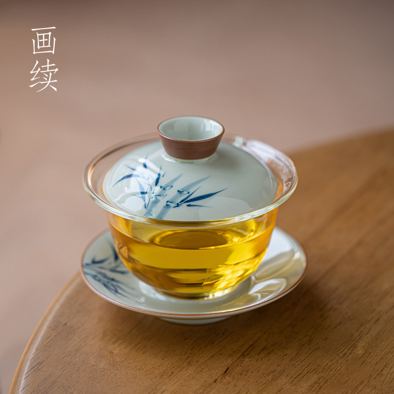 画续手绘竹子高硼硅耐高温玻璃三才盖碗泡茶杯单个不烫手功夫茶具