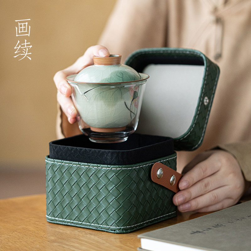 画续冰裂纹手绘芙蓉快客杯一壶二杯功夫旅行茶具便携式收纳包旅游图片