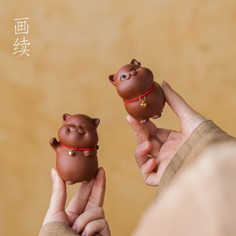 画续宜兴手工紫砂可爱猫咪茶宠茶室精品小摆件可爱桌面创意茶玩