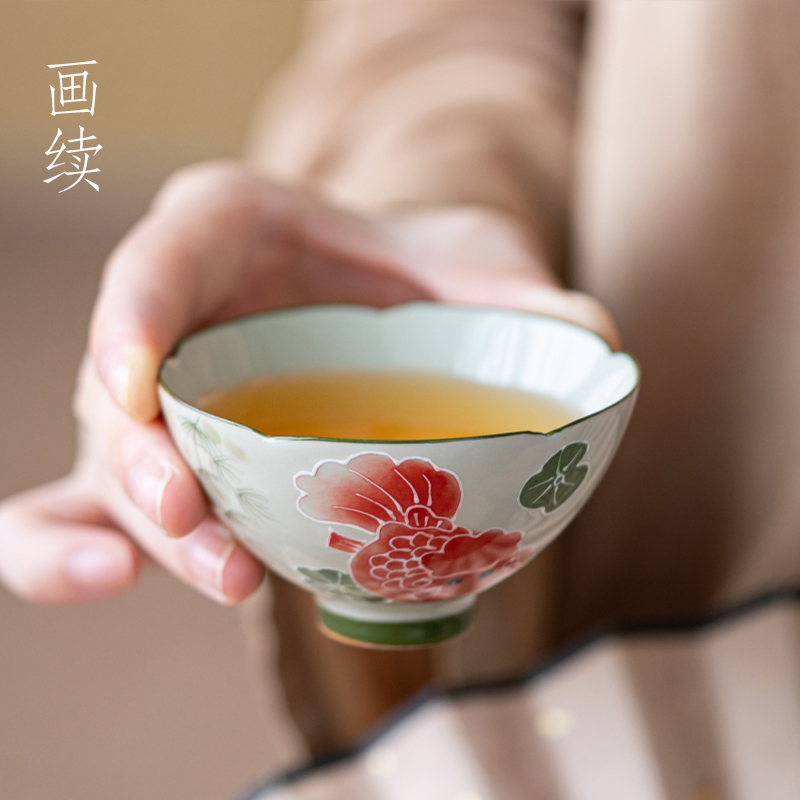 画续草木灰手绘年年有余斗笠杯主人杯单杯功夫茶杯陶瓷品茗杯对杯