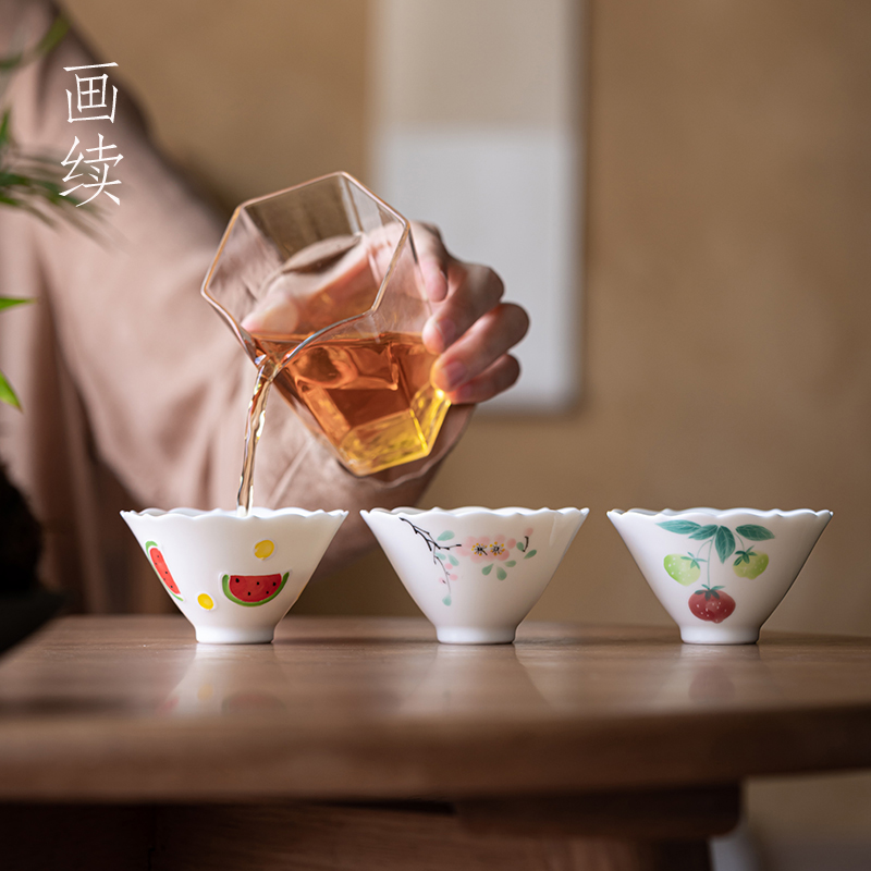 白瓷手绘桃花斗笠杯主人杯单杯