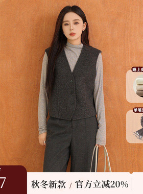 黑标BAIZHUO冬季新款简约通勤V领无袖双面呢毛呢外套女AZ44DY347