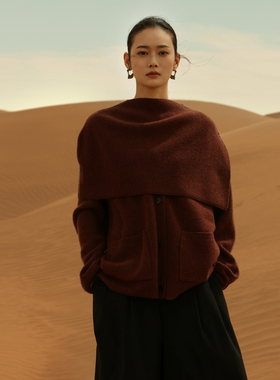 黑标BAIZHUO春季新款休闲简约廓形羊毛针织衫+披肩套装AZ44KS313