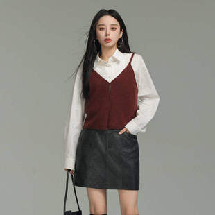 AIRIQI冬季新款休闲通勤气质叠穿V领羊毛针织吊带背心女AX44BX286