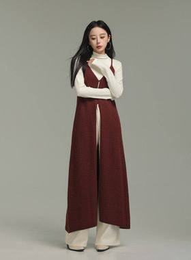 AIRIQI冬季新款极简风全开襟宽松V领针织吊带罩衫连衣裙AX44LQ288