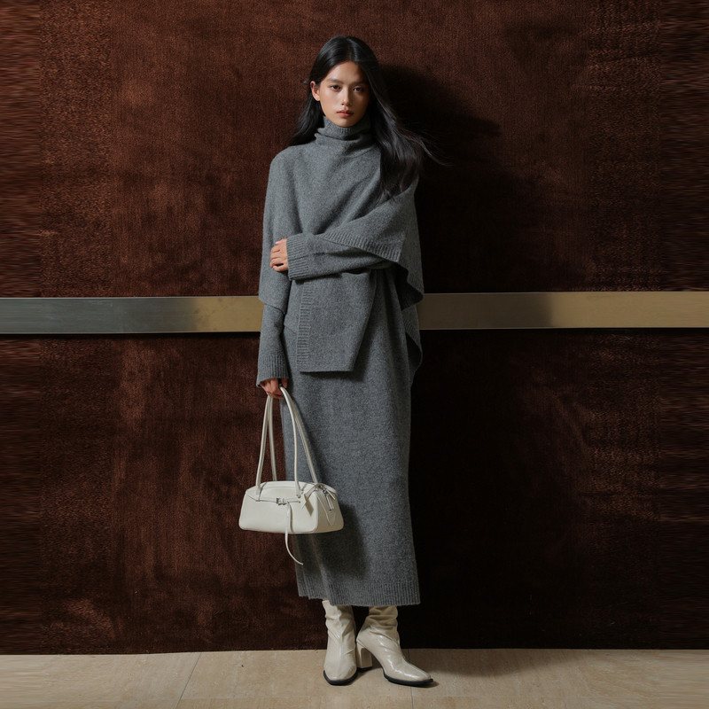 黑标BAIZHUO商场同款25冬季新款连衣裙+披肩全羊毛套装AZ