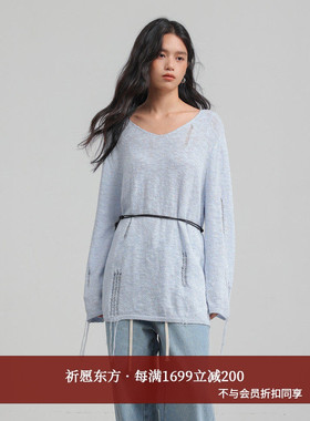 AIRIQI商场同款25秋新款休闲宽松镂空破洞感V领针织衫女AX53MS403